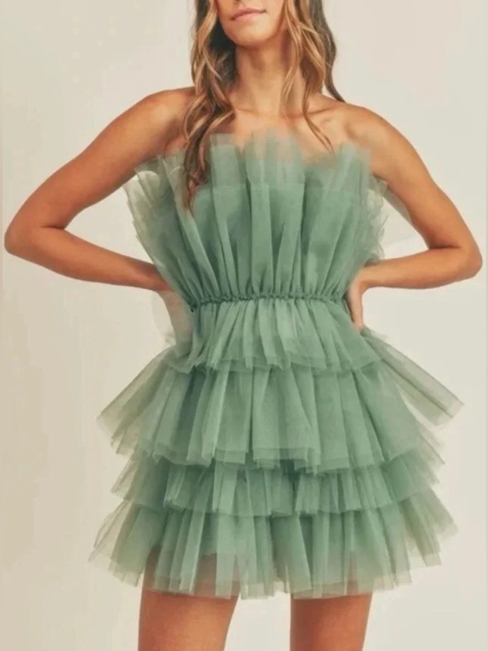 MABLE Aileen Ruffle Tulle Mini Dress Sage Green Size M Romantic Cocktail Party